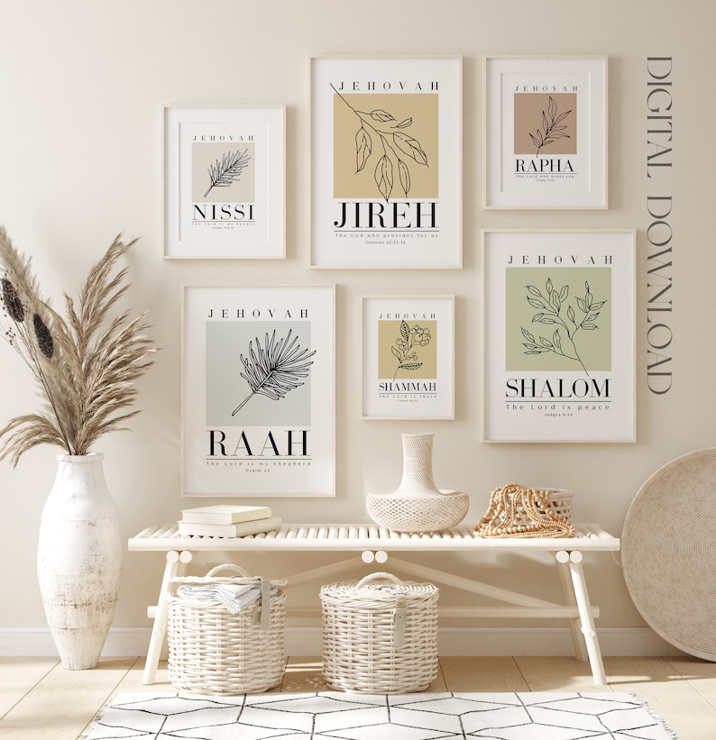 May include: Set of six printable wall art prints featuring Hebrew words and botanical illustrations. Each print has a beige background with black text and a black line drawing of a plant. The words are "Jehovah", "Nissi", "Jireh", "Rapha", "Shammah", "Shalom", and "Raaah".