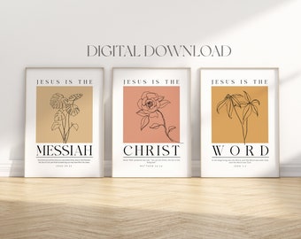 Namen van Jezus Set van 3 downloadbare poster, Jezus Christus Messias Woord, Christelijke muurkunst afdrukbaar, Moderne minimalistische bijbelmuurkunstdruk