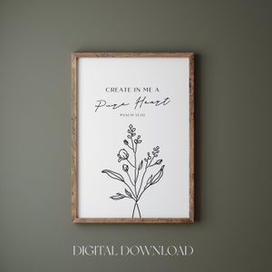 Create in me a pure heart printable, Psalm 51:10, Minimalist bible verse wall art print, Modern Christian home wall art deco, line art print