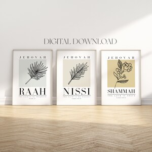 May include: Three printable wall art prints with a minimalist design. Each print features a different botanical illustration and a Hebrew word with its English translation. The words are "Jehovah Raah", "Jehovah Nissi", and "Jehovah Shammah".