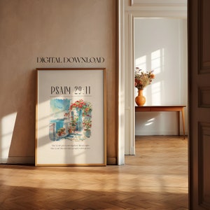 May include: A digital download print with a watercolor painting of a blue building with a red flower vine. The text "PSALM 29:11" is at the top of the print. The text below the painting reads "The Lord gives strength to his people. The Lord blesses his people with peace."