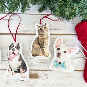Peut inclure: Ornements de No&euml;l avec des images d'un chien, d'un chat et d'un autre chien. Les ornements ont la forme des animaux et sont munis de boucles en ruban rouge pour les suspendre. Les ornements sont pos&eacute;s sur un fond en bois blanc avec des branches de conif&egrave;res.