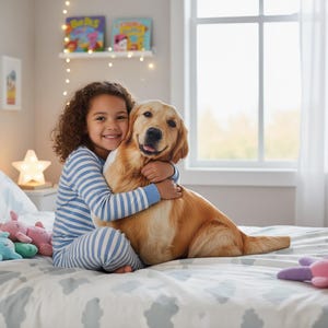 May include: A young girl in blue and white striped pajamas hugs a golden retriever dog on a bed with a patterned comforter. The room has a window, a star-shaped night light, and fairy lights.