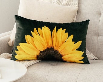 Sunflower Lumbar Velvet Pillow, College Student Gift  , Housewarming Gift, Boho chic, Nature Photography, Mother's Day Gift, Easter Gift