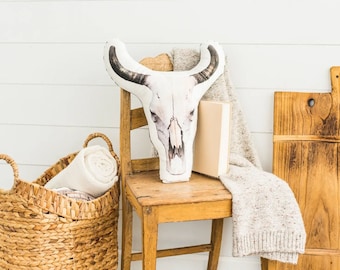 Velvet Cow Skull Pillow: Southwestern Desert Boho Decor, Mother's Day Gift