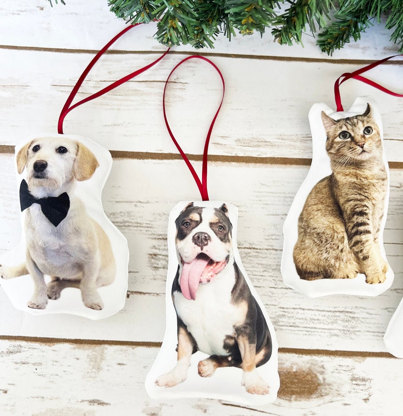 Peut inclure: Ornements de No&euml;l avec des portraits d'animaux de compagnie. Les d&eacute;corations comprennent un chien avec un n&oelig;ud papillon, un bouledogue avec la langue sortie et un chat tigr&eacute;. Chaque ornement a un ruban rouge pour l'accrochage, sur un fond en bois blanc.
