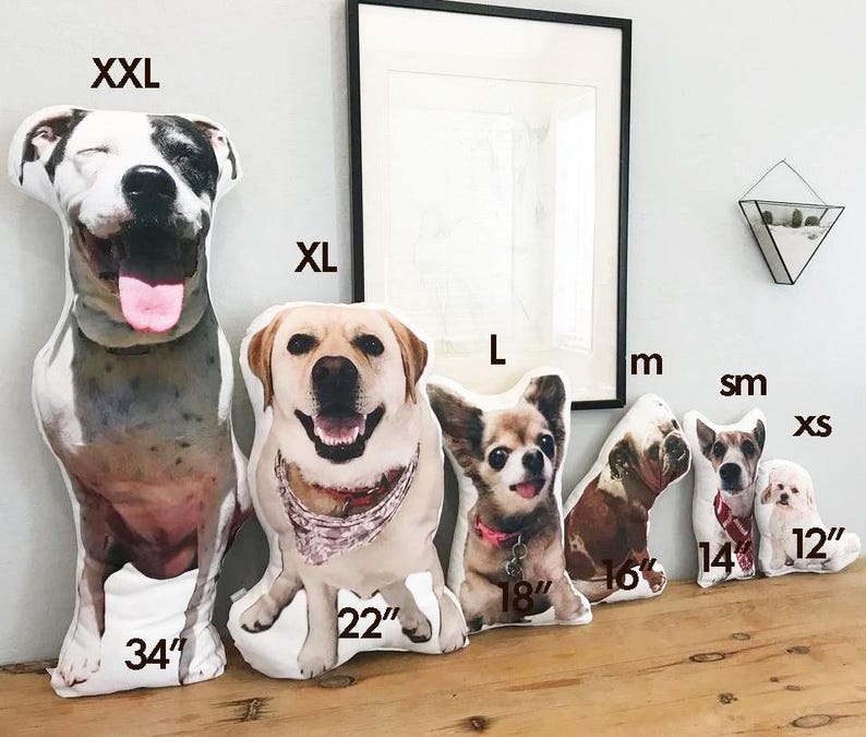 May include: A set of nine dog pillow cushions in various sizes, ranging from extra extra large to extra small. The pillows feature different dog breeds with printed faces and are labeled with their corresponding sizes: XXL, XL, L, m, sm, and XS. The pillows are arranged in a row from largest to smallest, with the largest pillow measuring 34 inches and the smallest measuring 12 inches.