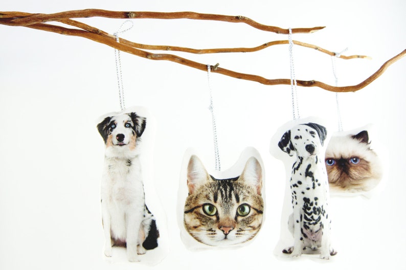 Peut inclure: Ornements sur le th&egrave;me des animaux de compagnie suspendus &agrave; une branche naturelle. Les d&eacute;corations repr&eacute;sentent un chien, un chat et un dalmatien. Chaque ornement est suspendu par une ficelle argent&eacute;e sur fond blanc.