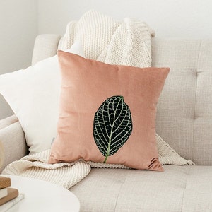 Blush Velvet Mosaic Leaf Pillow, Housewarming Gift, Velvet Throw Pillow, Boho Chic Decor, Nature Pillow, Mothers Day Gift, Made in the USA