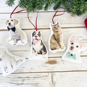 Peut inclure: Ornements de No&euml;l sur le th&egrave;me des animaux de compagnie. Les ornements pr&eacute;sentent des images d'un chien portant un n&oelig;ud papillon, d'un chat et d'autres chiens. Chaque ornement a un ruban rouge pour l'accrocher. Sur une surface en bois blanc.