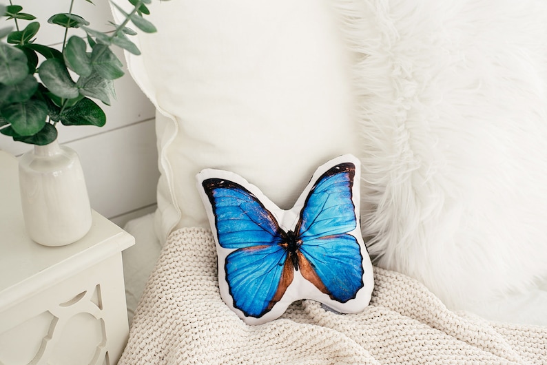 Morpho Butterfly Pillow, Luxurious Soft Velvet Throw Pillow, 100% Polyester Fabric, Designer Throw Pillow, Luxury Pillow Collection, Soft, Washable, Durable, Polyester Hypoallergenic Fiberfil, Made in USA