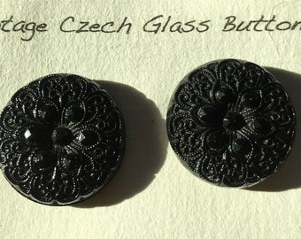 Faux Thread & Cut Steel Hematite Finish Floral Vintage Black Czech Glass Buttons