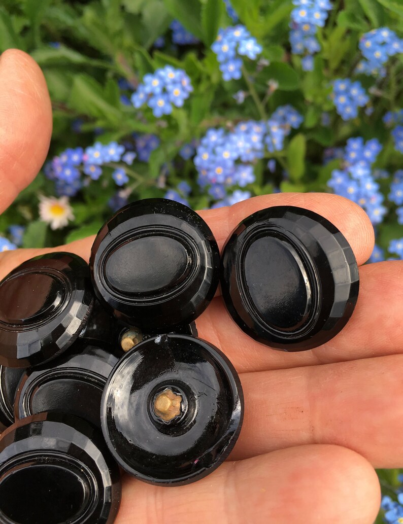Faceted Vintage Glossy Black Czech Buttons with Oval Center