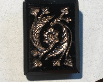 2 Rectangle Floral Silver and Black Vintage Czech Glass Buttons Late 1800's, Early 20th century