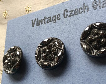 5 Sm Silver Faux Fabric & Cut Steel Vintage Czech Glass Buttons Circa 1880's