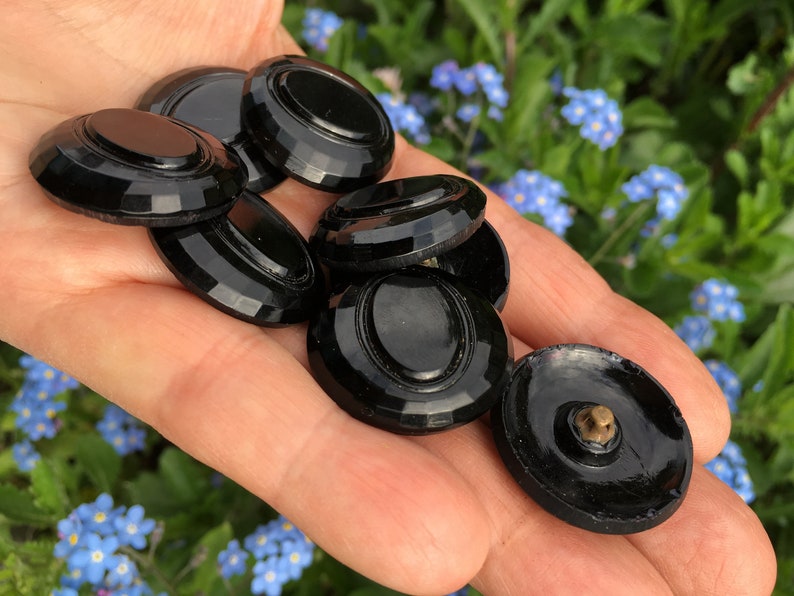 Faceted Vintage Glossy Black Czech Buttons with Oval Center
