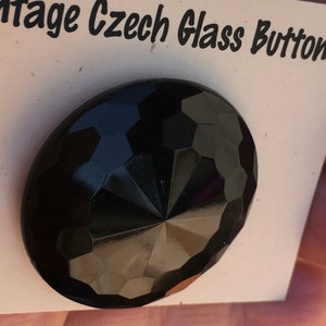Lg Faceted Glossy Black Glass Vintage Czech Glass Button