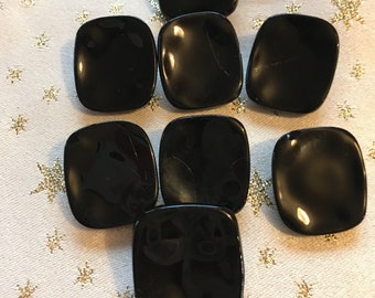 Set 8 Rectangle Glossy Black Vintage Czech Glass Buttons 6 Sm 2 Lg
