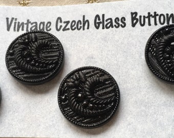 Beautiful Faux Thread & Cut Steel Glossy Black Vintage Black Czech Glass Buttons
