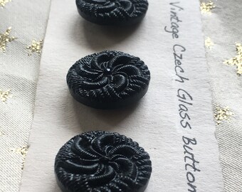 Whirling Faux Thread Flower Semi Glossy Black Vintage Black Czech Glass Buttons