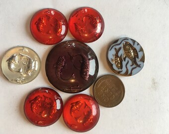 7 Pisces Vintage Czech Glass Cabochons Mirrorback Jewelry 2-3 cm Arts Crafts