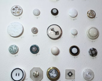 Vintage Glass Button Collectors Card 35 Decorated White, 4 w/ Metal Base Arts, Crafts, Jewelry