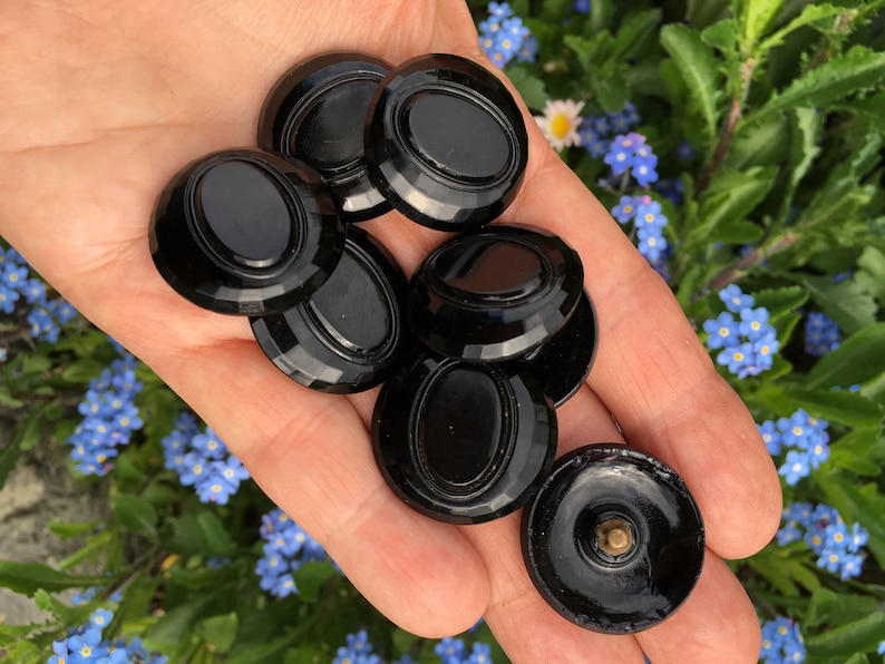 Faceted Vintage Glossy Black Czech Buttons with Oval Center