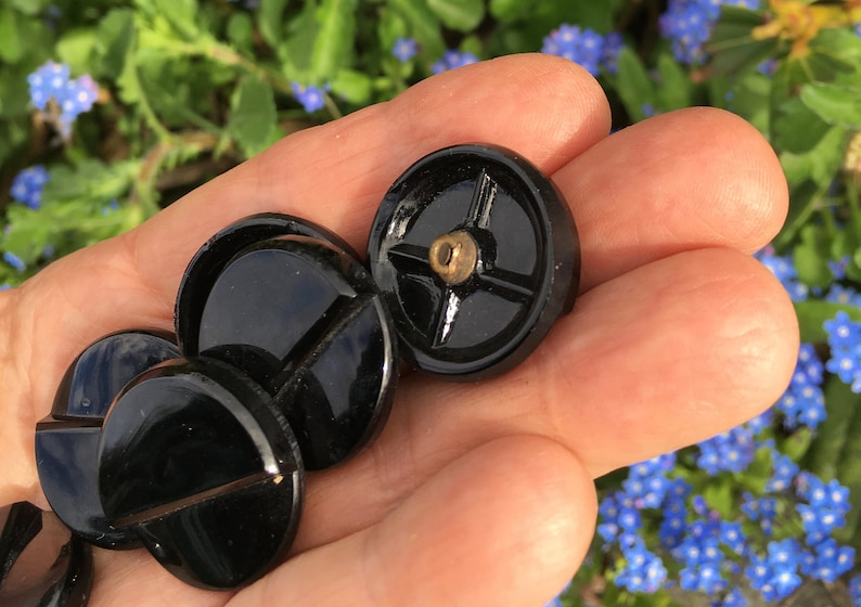 Delineated Vintage Glossy Black Czech Buttons