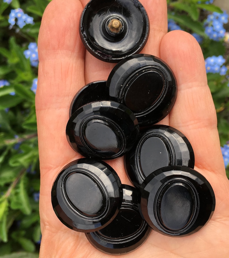 Faceted Vintage Glossy Black Czech Buttons with Oval Center