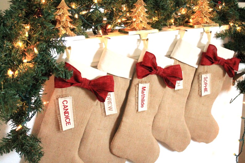 Burlap holiday decor Set of 5 PERSONALIZED Burlap Christmas Stockings Made in USA