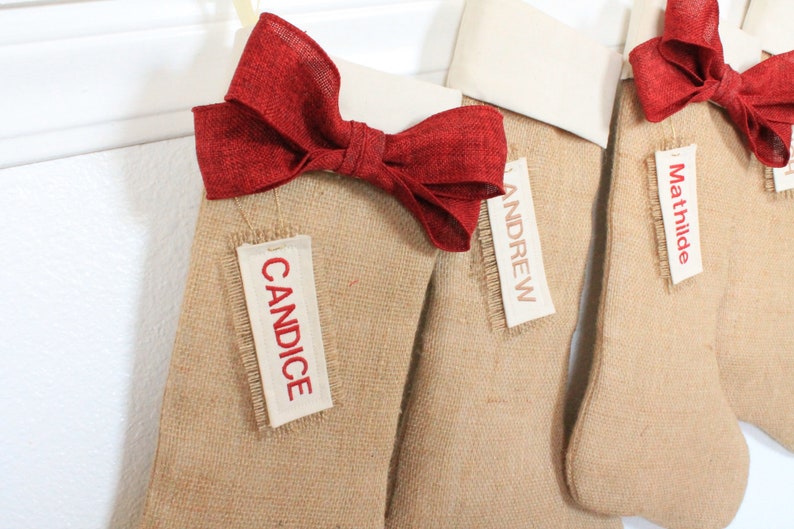 Burlap holiday decor Set of 5 PERSONALIZED Burlap Christmas Stockings Made in USA