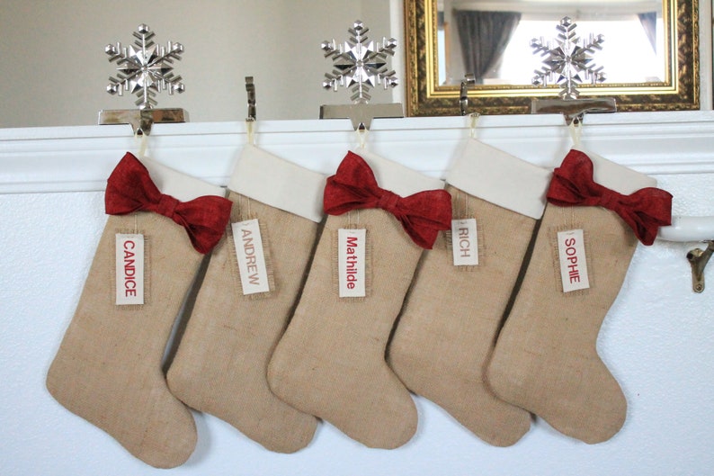 Burlap holiday decor Set of 5 PERSONALIZED Burlap Christmas Stockings Made in USA