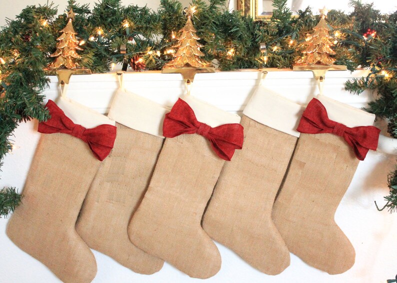Burlap holiday decor Set of 5 PERSONALIZED  Burlap Christmas Stockings Made in USA