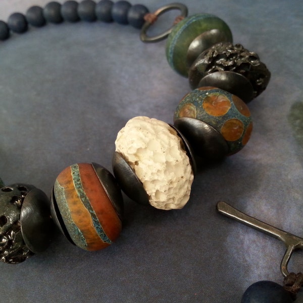 Dozmare Pool. Art Bead Necklace. Organic Rustic Handmade Etched Lampwork, Ceramic Beads. Copper