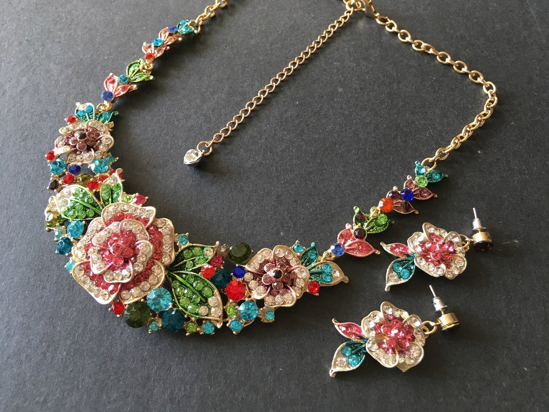 Colorful Rose Jewelry Set Crystals Necklace Romantic Etsy