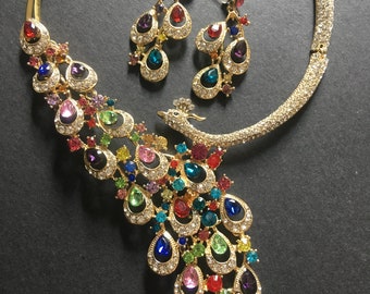 Lovely 925 Silver Plated Crystal Rhinestone Peacock Necklace Earring Jewelry Set Lovely 925 Silver Plated Crystal Rhinestone Peacock Necklace Earring Jewelry Set