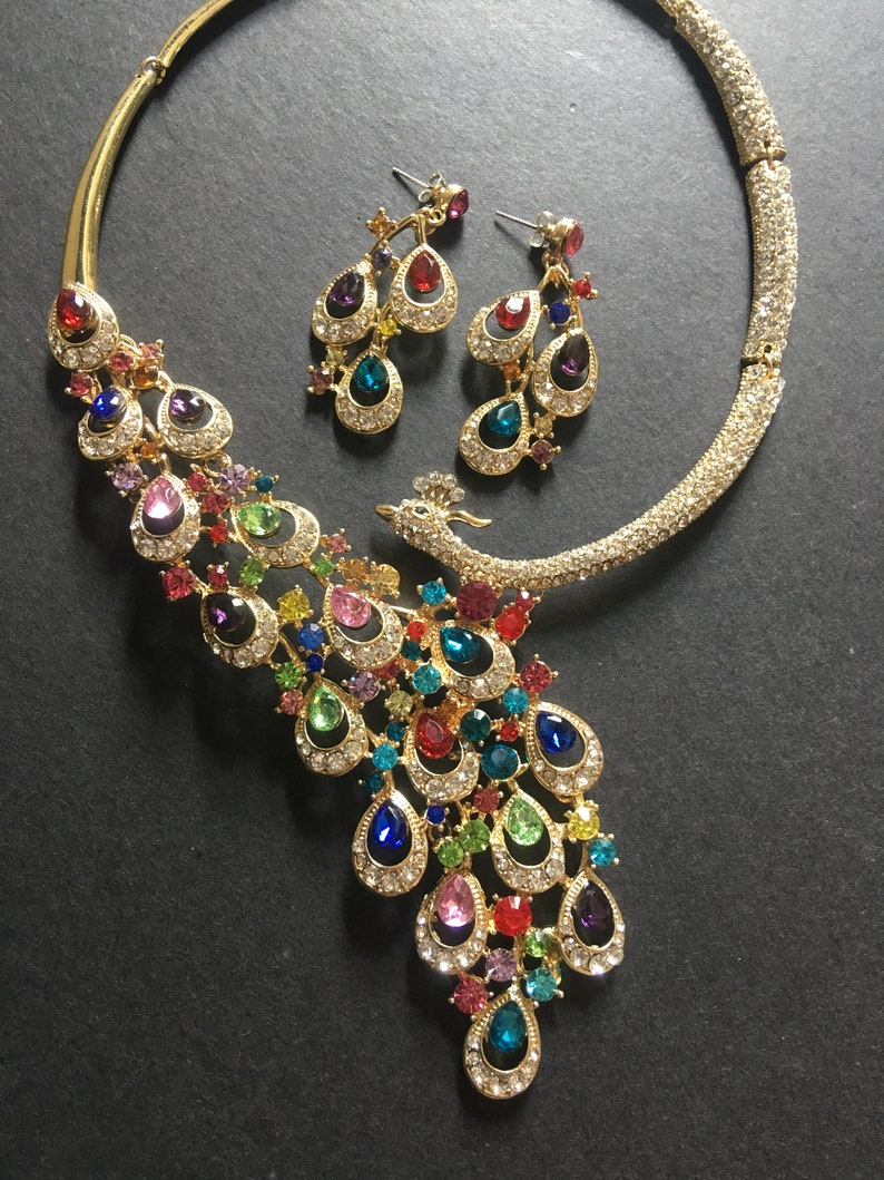 Colorful Peacock Jewelry Set Crystal Necklace Fall Winter - Etsy