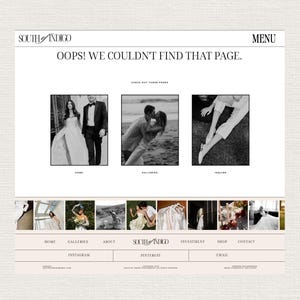 May include: A 404 error page with the text "OOPS! WE COULDN'T FIND THAT PAGE." on a white background. The page has a menu with links to "Home", "Galleries", "About", "Investment", "Shop", and "Contact".