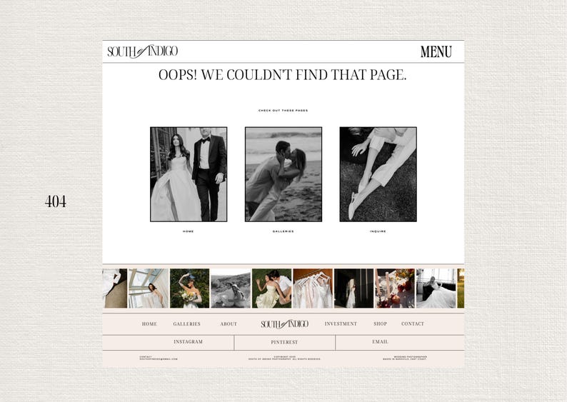 May include: A 404 error page with the text "OOPS! WE COULDN'T FIND THAT PAGE." on a white background. The page has a menu with links to "Home", "Galleries", "About", "Investment", "Shop", and "Contact".