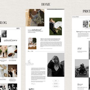 May include: A website homepage for a photography business. The website features a black and white photo of a couple on a beach, a photo of a table setting with flowers, and a photo of a woman in a black dress. The website also includes text about the business, such as "intentional" and "truly stunning keepsakes we will enjoy for generations."
