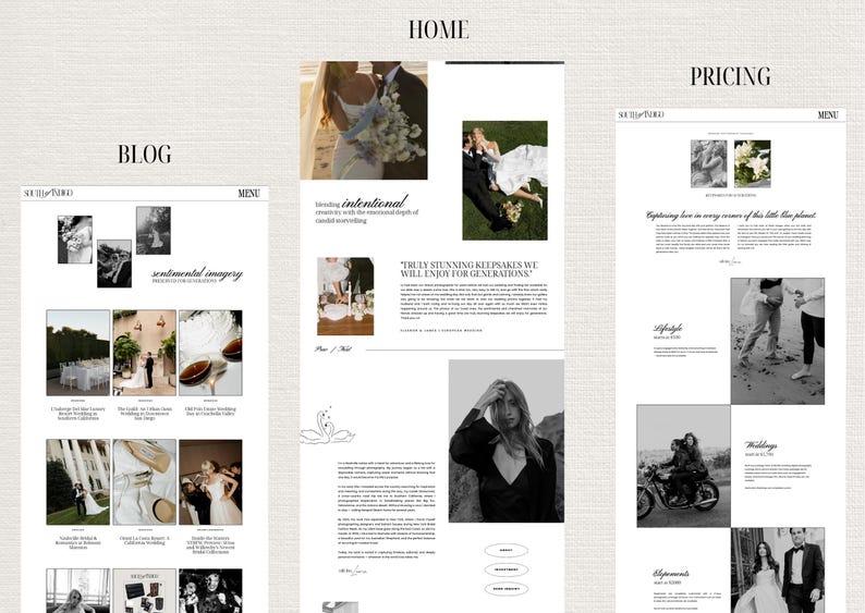 May include: A website homepage for a photography business. The website features a black and white photo of a couple on a beach, a photo of a table setting with flowers, and a photo of a woman in a black dress. The website also includes text about the business, such as "intentional" and "truly stunning keepsakes we will enjoy for generations."