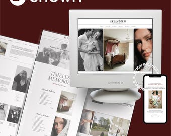 May include: A white computer monitor and smartphone displaying a website design with wedding imagery. The monitor shows a website with black and white photos. The smartphone shows a mobile version of the website. The Showit logo is in the top left.