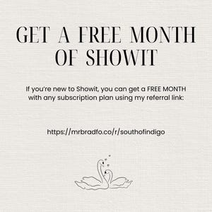 May include: Text graphic on a white background that reads "GET A FREE MONTH OF SHOWIT". Below the text is a smaller text graphic that reads "If you're new to Showit, you can get a FREE MONTH with any subscription plan using my referral link: https://mrbradfo.co/r/southofindigo". A black and white illustration of two swans is below the text.