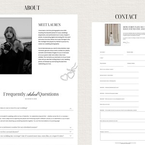 May include: A black and white photo of a woman holding a camera. The text "About" and "Meet Lauren" is at the top of the page. The text "Frequently Asked Questions" is at the bottom of the page. The text "Contact" is at the top of the right side of the page. The text "How fortunate we are to have found one another" is below the text "Contact".
