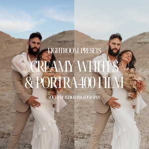 May include: A couple in a desert landscape. The woman is wearing a white dress and the man is wearing a brown and white patterned suit. The text "LIGHTROOM PRESETS CREAMY WHITES & PORTRA 400 FILM SOUTH OF INDIGO PHOTOGRAPHY" is displayed on the image.