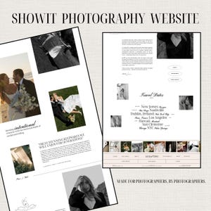 May include: A website mockup for photographers, featuring a black and white photo of a couple on a beach, a quote about creating keepsakes, and a list of travel dates for photography sessions. The website is designed with a minimalist aesthetic and features a simple, clean layout.