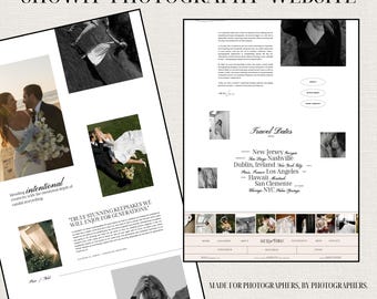 Könnte beinhalten: Ein Website-Mockup für Fotografen, das ein Schwarzweißfoto eines Paares am Strand, ein Zitat über die Erstellung von Erinnerungsstücken und eine Liste von Reiseterminen für Fotoshootings zeigt. Die Website ist minimalistisch gestaltet und verfügt über ein einfaches, sauberes Layout.