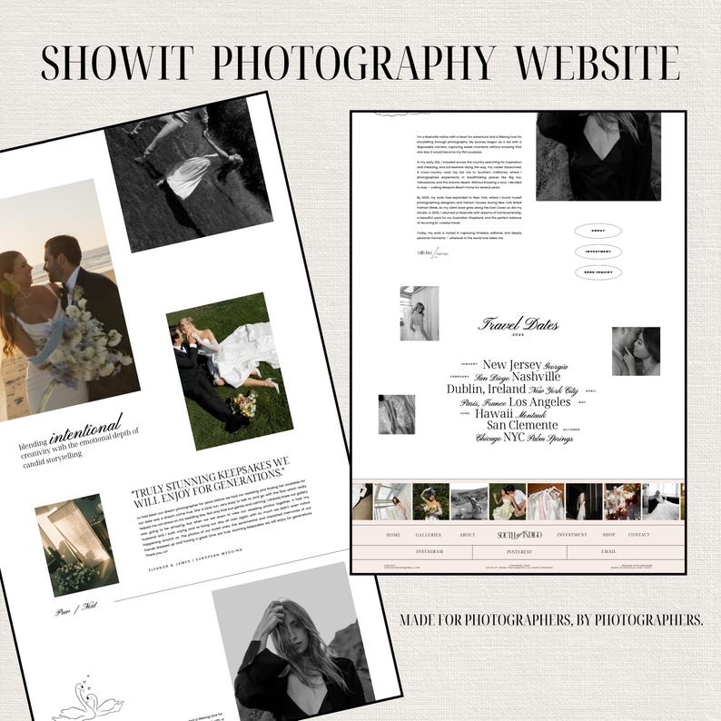 May include: A website mockup for photographers, featuring a black and white photo of a couple on a beach, a quote about creating keepsakes, and a list of travel dates for photography sessions. The website is designed with a minimalist aesthetic and features a simple, clean layout.