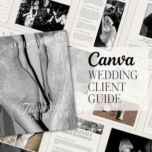 May include: A wedding client guide with a black and white photo of two people in wedding dresses on the cover. The text "The Wedding Guidebook" is on the cover. The text "Canva Wedding Client Guide" is on the page.