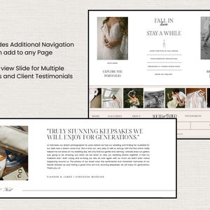 May include: Website screenshot featuring a couple's wedding photography portfolio. The website has a clean, modern design with a white background and black text. The website includes a navigation bar with links to the home page, galleries, about, investment, shop, contact, and email. The website also includes a testimonial from a happy customer. The testimonial reads "Truly stunning keepsakes we will enjoy for generations."